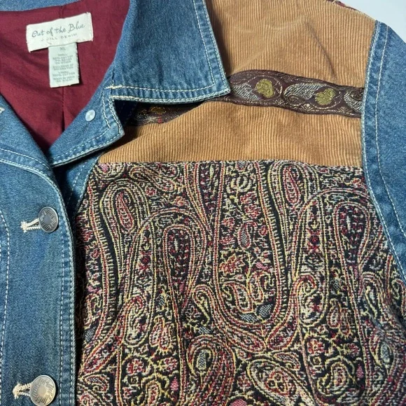 Out Of The Blue J Jill Women's Denim Patchwork Tapestry Lined Jean Jacket Sz XL - Picture 11 of 13